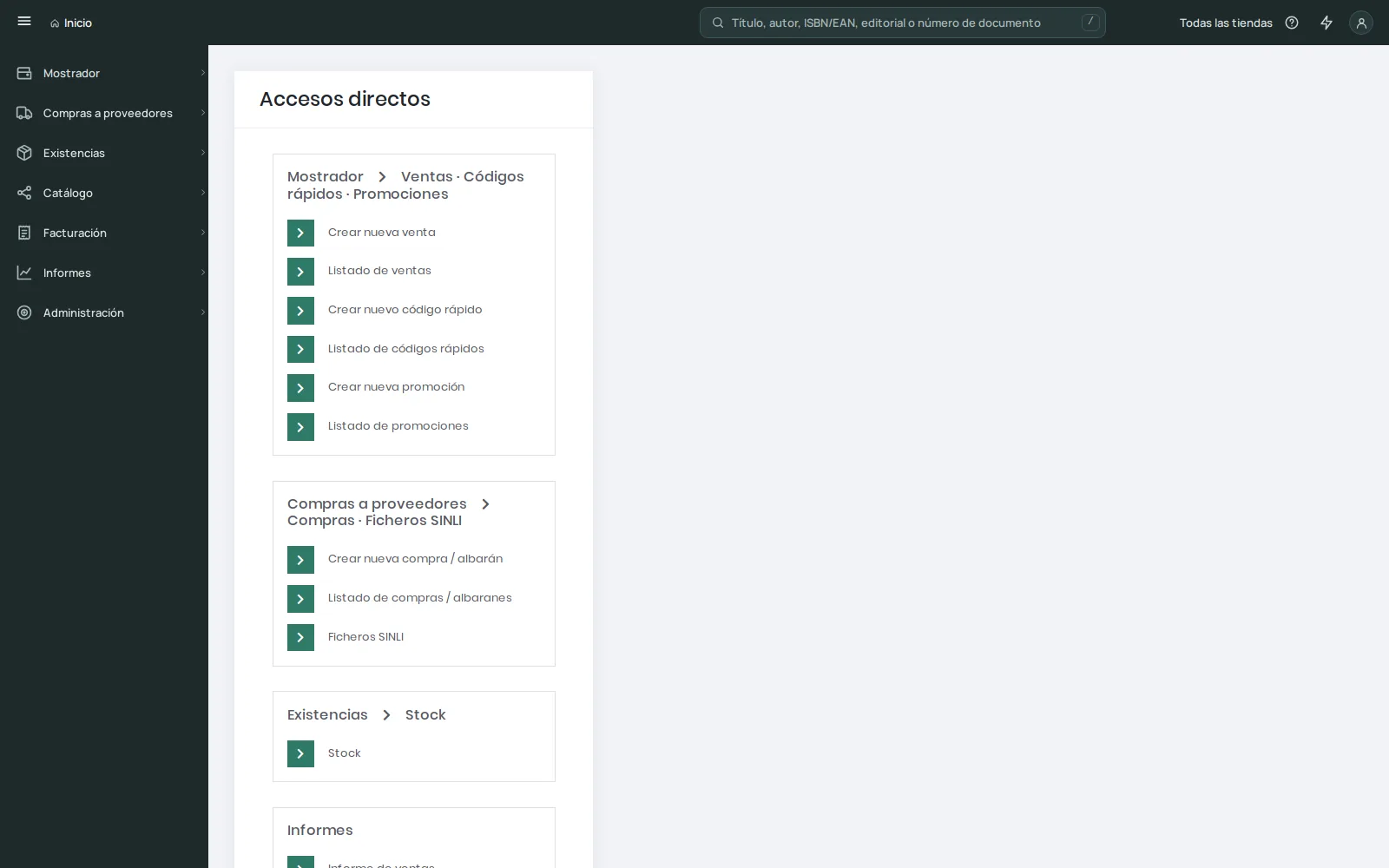 El menú lateral de un administrador, abierto con sus nombres: Mostrador, Compras a proveedores, Existencias, Catálogo, Facturación, Informes y Administración