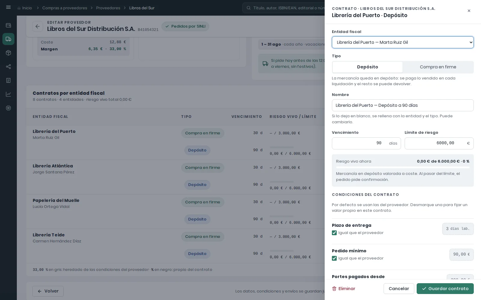 Panel lateral de un contrato de depósito a 90 días con su límite de riesgo y el riesgo vivo de ese momento, sobre la tabla de contratos por entidad fiscal