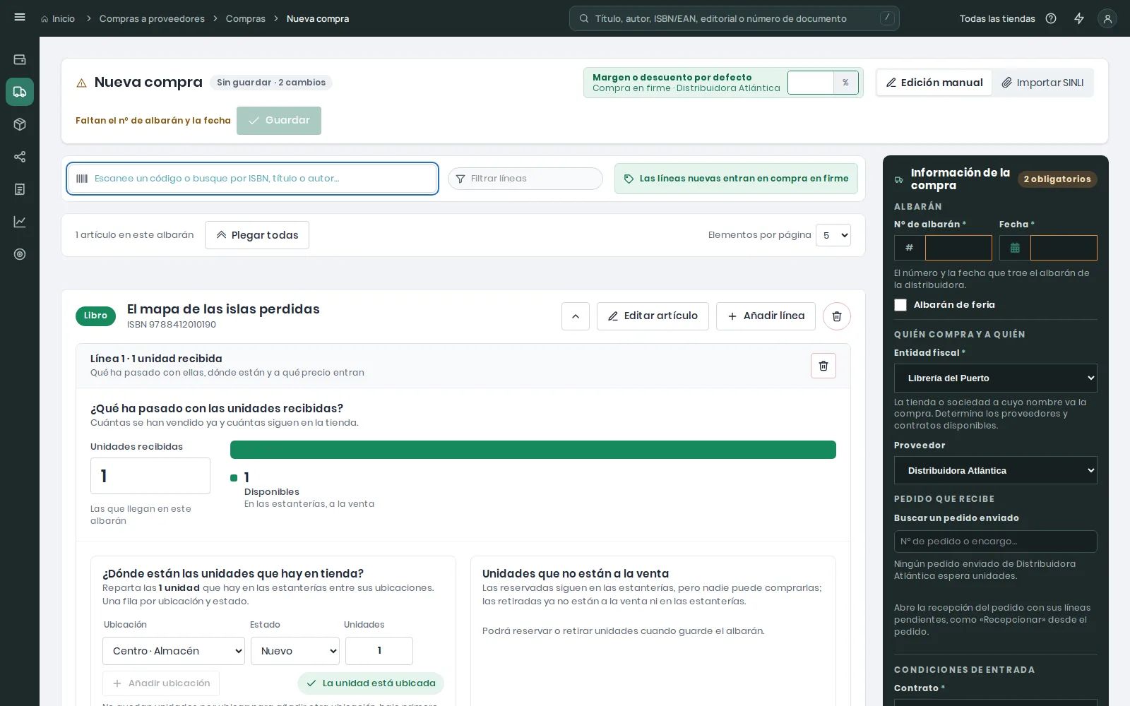 Editor de una compra nueva con el margen por defecto en la cabecera, la barra para escanear o buscar artículos junto a Filtrar líneas, la información de la compra por grupos a la derecha y la ficha de un libro con su línea