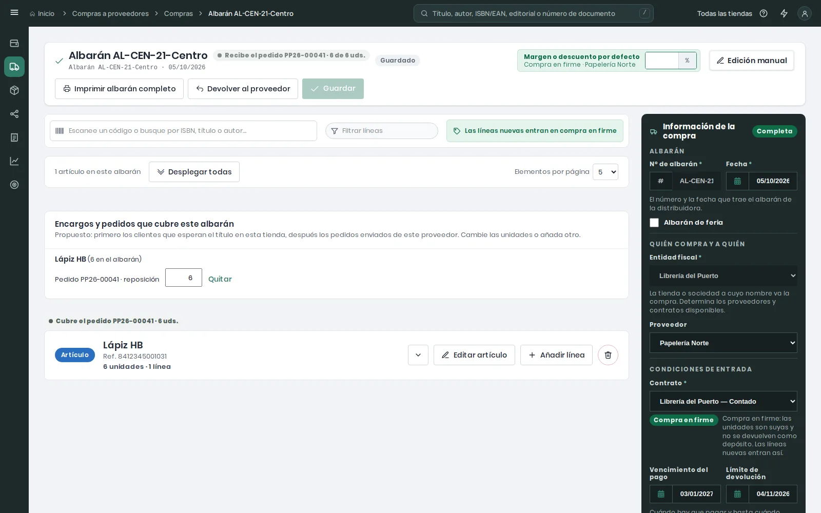 Compra con la ficha de su artículo plegada, que muestra solo su cabecera con 6 unidades y 1 línea, y el botón Desplegar todas