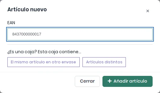 Diálogo Artículo nuevo con el código escaneado y la pregunta ¿Es una caja? Esta caja contiene…, con las opciones El mismo artículo en otro envase y Artículos distintos
