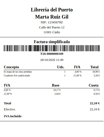 Ticket impreso de factura simplificada con datos de la librería, código de barras, líneas, desglose de IVA al 4 y al 21 %, total y pago en efectivo