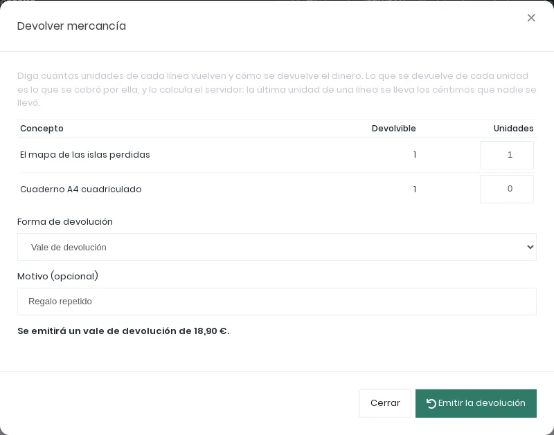 Diálogo Devolver mercancía con una unidad de El mapa de las islas perdidas, forma Vale de devolución, motivo Regalo repetido y la frase Se emitirá un vale de devolución de 18,90 euros