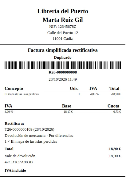 Justificante de la devolución: factura simplificada rectificativa R26-0000000008 con el importe en negativo, el ticket que rectifica y el código del vale