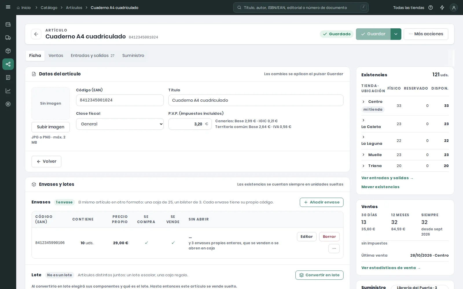 Ficha del artículo Cuaderno A4 cuadriculado: Datos del artículo con imagen, código EAN, título, clase fiscal y PVP, el bloque Envases y lotes con su caja de 10, y a la derecha los paneles Existencias y Ventas