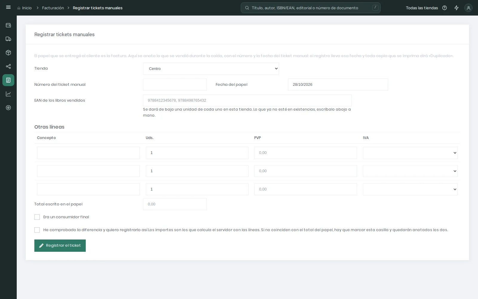 Formulario Registrar tickets manuales con tienda, número del ticket manual, fecha del papel, EAN de los libros vendidos, otras líneas y total escrito en el papel