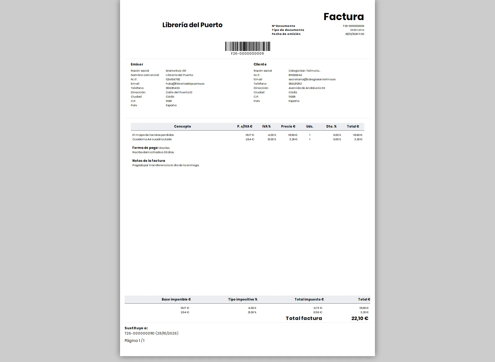 Factura del canje impresa en formato A4, con emisor, cliente, líneas, forma de pago, notas, desglose de impuestos y la línea Sustituye a con el ticket