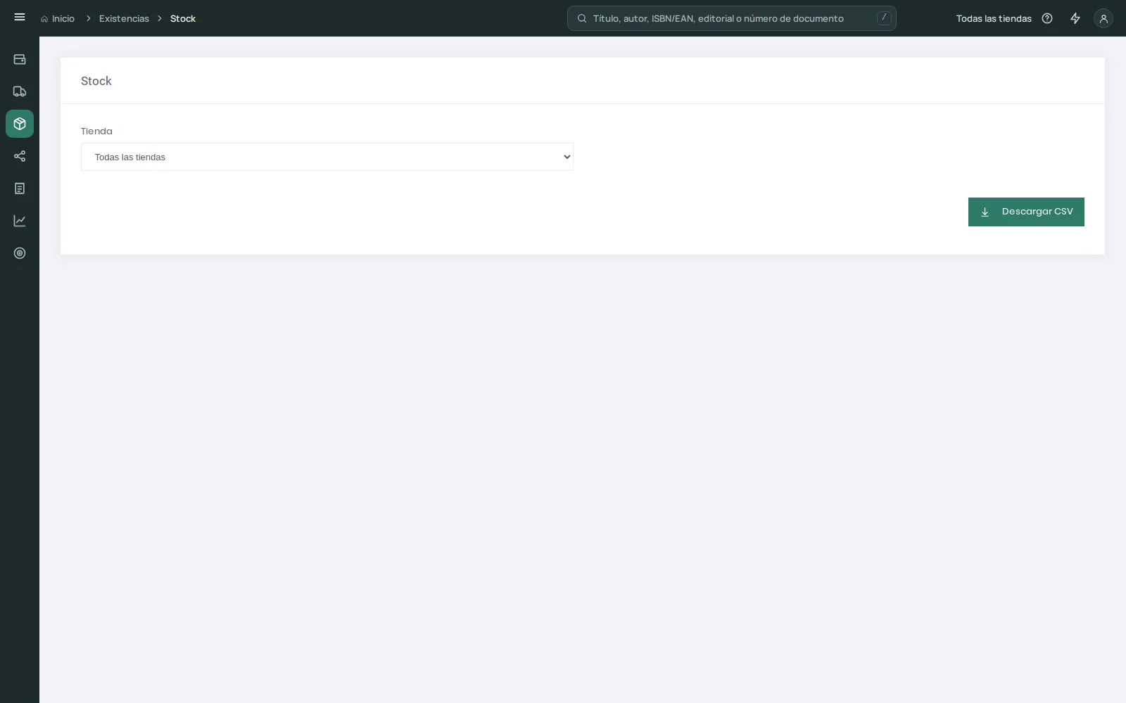 Formulario Stock con la tienda, en Todas las tiendas, y Descargar CSV