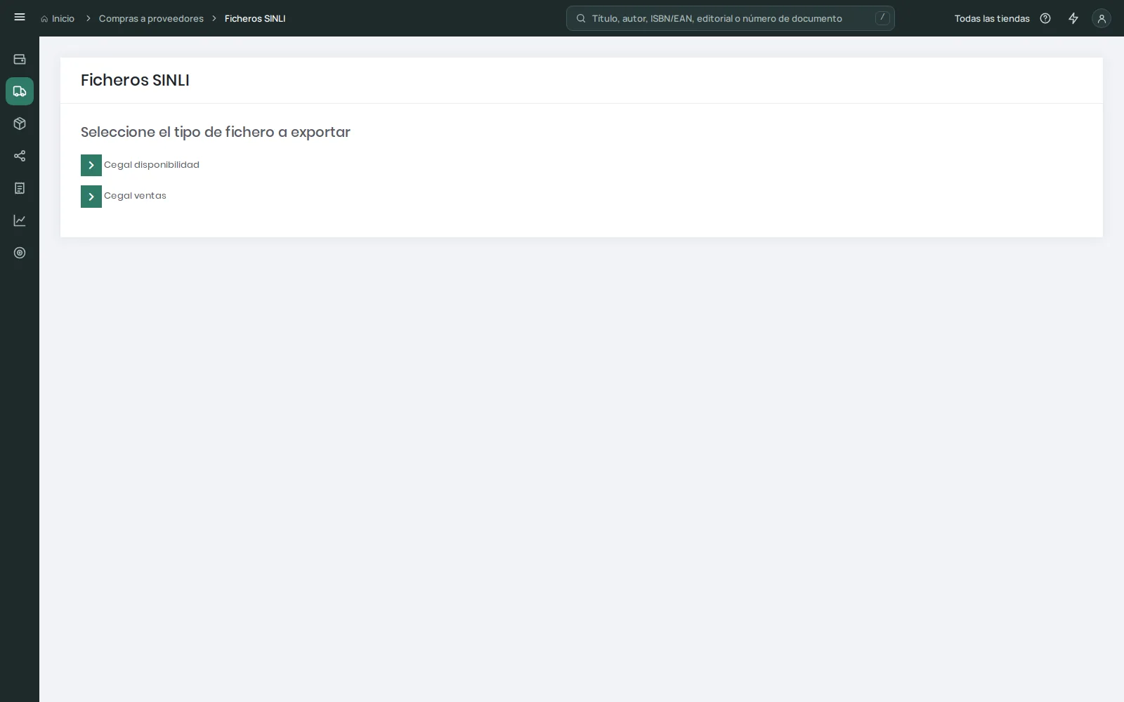 Pantalla Ficheros SINLI para elegir el fichero que se exporta: Cegal disponibilidad o Cegal ventas