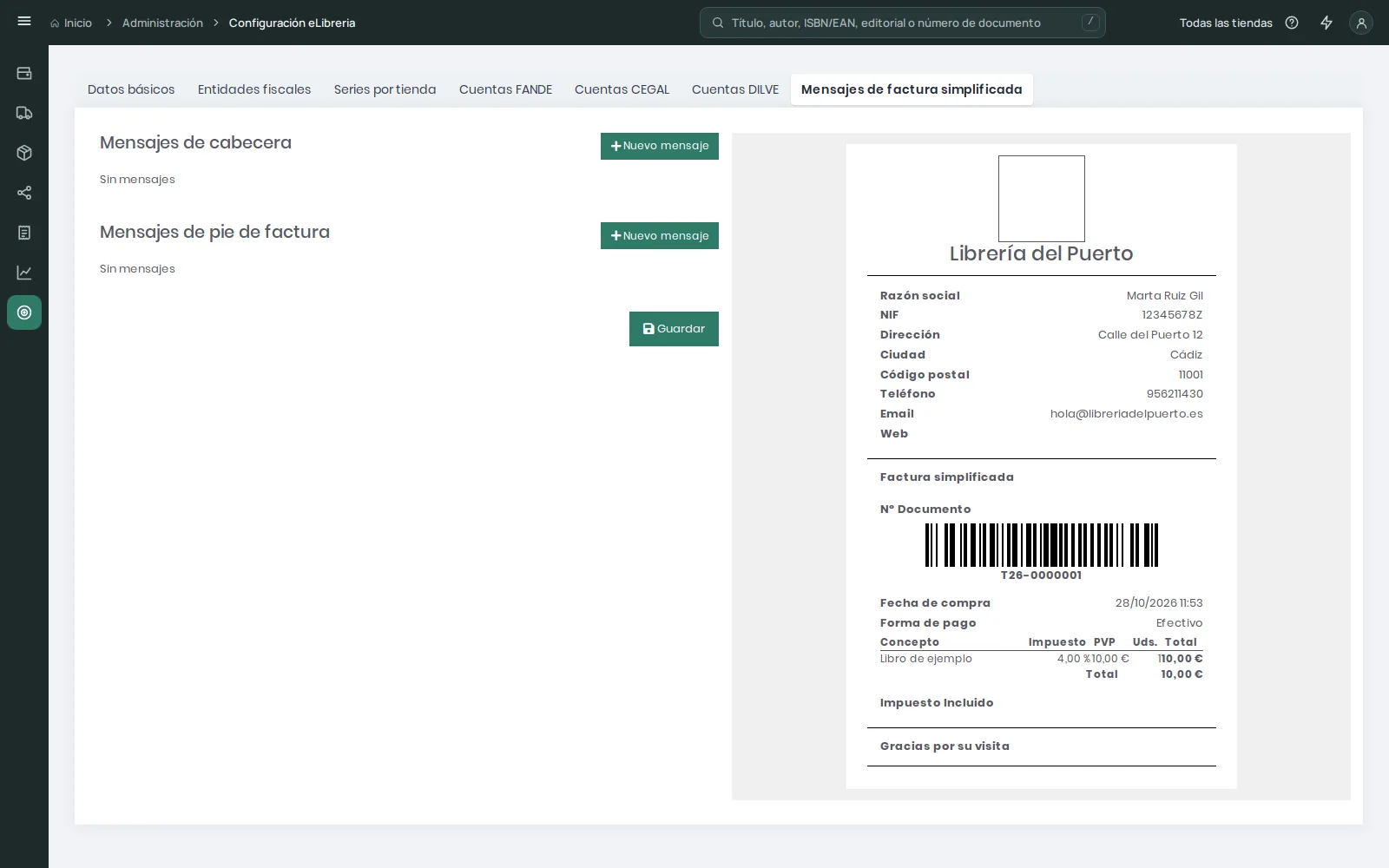 Pestaña Mensajes de factura simplificada sin mensajes de cabecera ni de pie y, a la derecha, la vista previa del ticket con los datos de la entidad