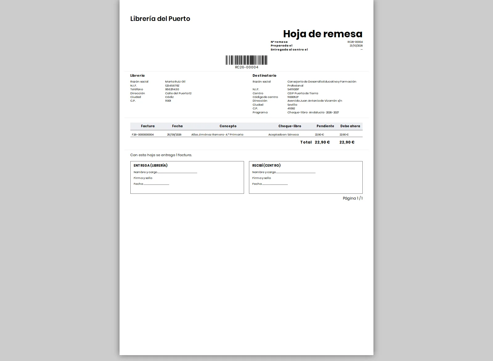 Hoja de remesa RC26-00004 con los datos de la librería y del centro destinatario, la factura que lleva con su cheque-libro y su importe, y las casillas de entrega y de recibí para firmar y sellar