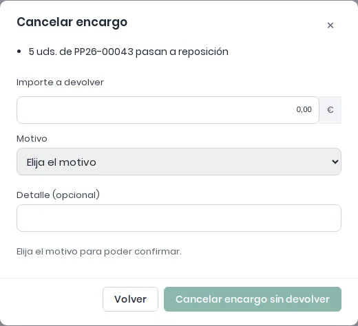 Diálogo Cancelar encargo con lo que pasará, el importe que se devuelve y el motivo elegido de una lista