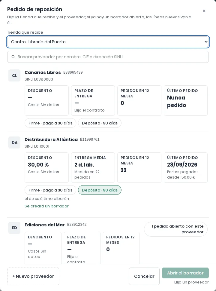 Diálogo Pedido de reposición con la tienda que recibe y cada proveedor con sus cuatro recuadros y sus contratos