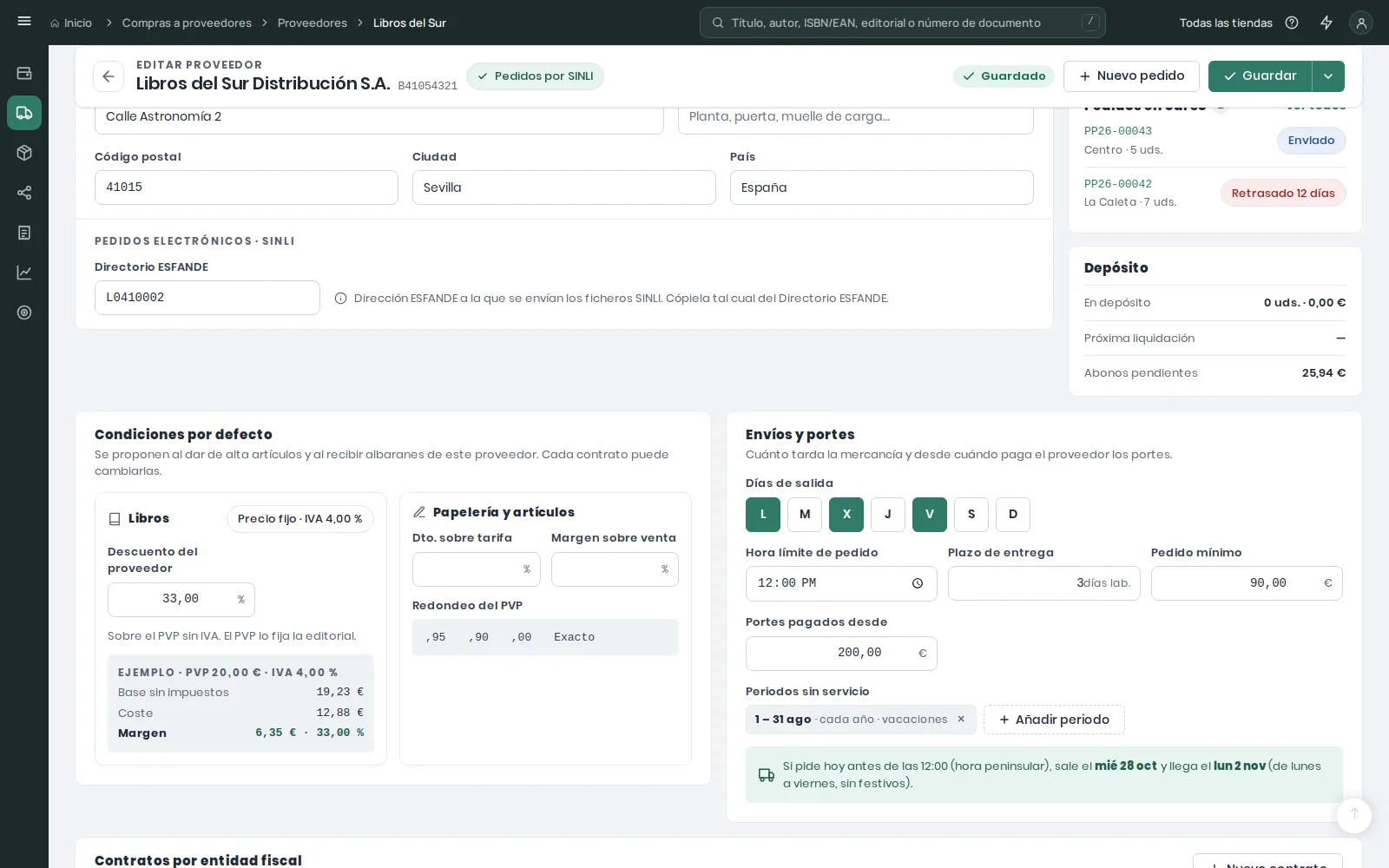 Condiciones por defecto del proveedor para libros y para papelería, y Envíos y portes con días de salida, hora límite, plazo, pedido mínimo, portes pagados y un periodo sin servicio