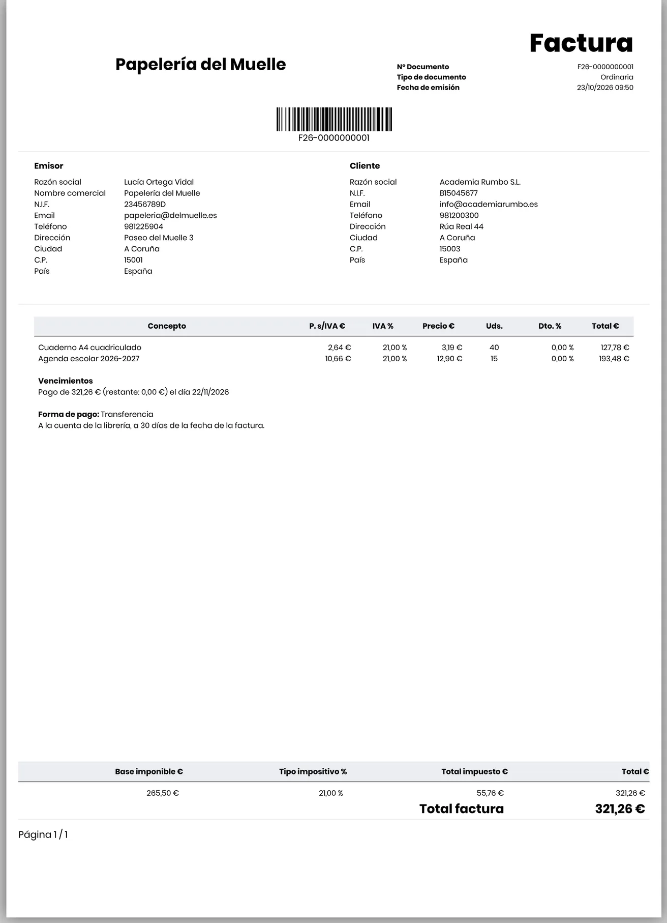 Factura F26-0000000001 de Papelería del Muelle en A4: emisor y cliente, código de barras con el número, líneas, vencimiento, forma de pago y totales con el IVA desglosado