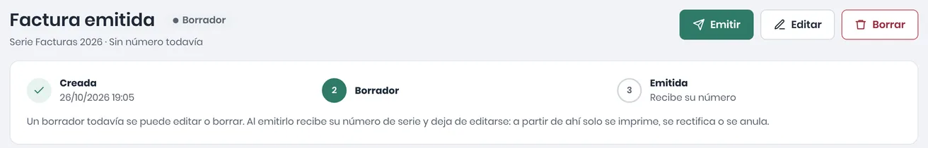 Factura en Borrador, sin número todavía, con las acciones Emitir, Editar y Borrar y el recorrido Creada, Borrador y Emitida: al emitirla recibe su número