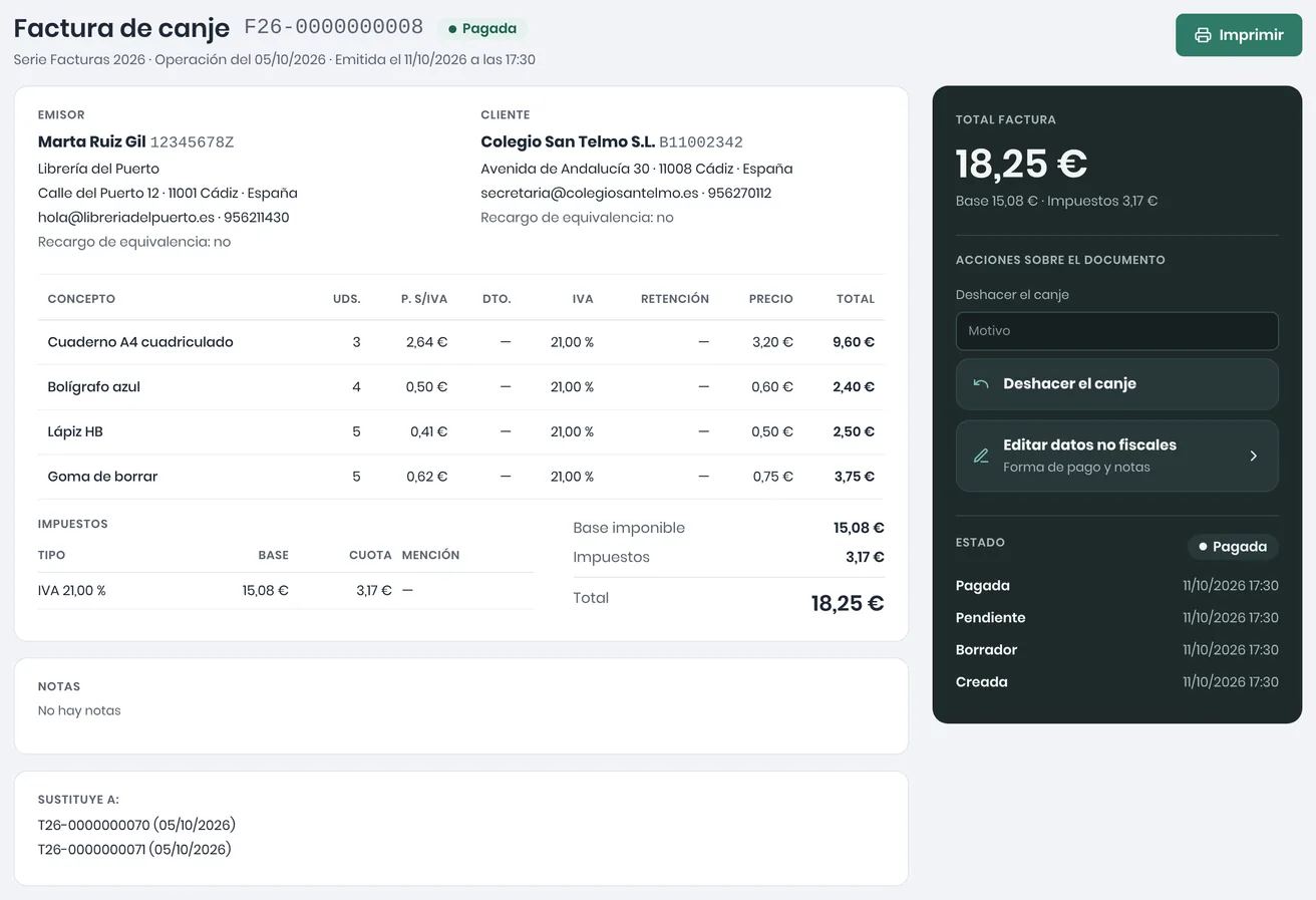 Factura de canje F26-0000000008 para Colegio San Telmo S.L. en estado Pagada, con sus líneas, el desglose de IVA, los dos tickets a los que sustituye y la acción Deshacer el canje con su motivo