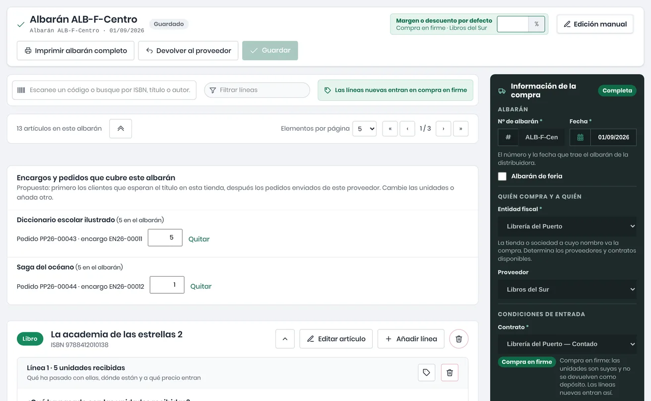 Editor de compras en Edición manual con el albarán en firme ALB-F-Centro: buscador por ISBN, título o autor, filtro de líneas y los artículos del albarán, bajo el contrato de contado de Libros del Sur