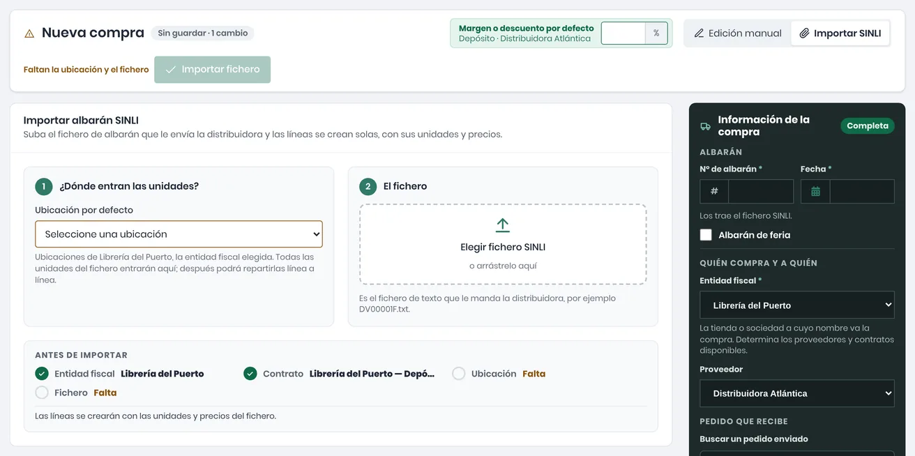 Importar SINLI en el editor de compras: paso 1, la ubicación por defecto donde entran las unidades; paso 2, el fichero de la distribuidora; debajo, lo que falta antes de importar y, al lado, la información de la compra