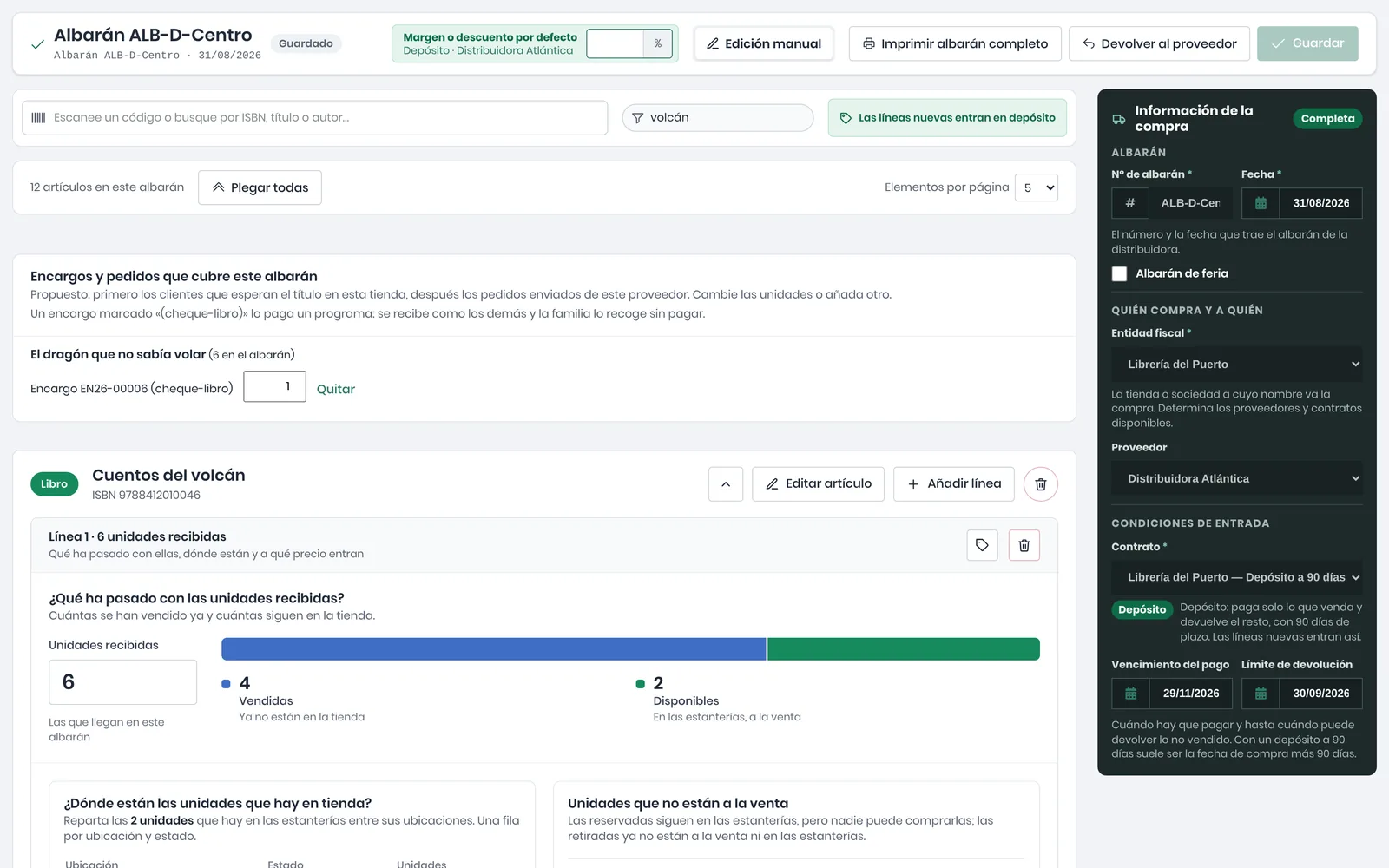 Editor de compras de eLibreria con el albarán de depósito ALB-D-Centro de Distribuidora Atlántica, filtrado a la línea de Cuentos del volcán: de sus 6 unidades recibidas, 4 vendidas y 2 disponibles, junto a la información de la compra con el número y la fecha del albarán, la entidad fiscal, el proveedor y el contrato de depósito a 90 días