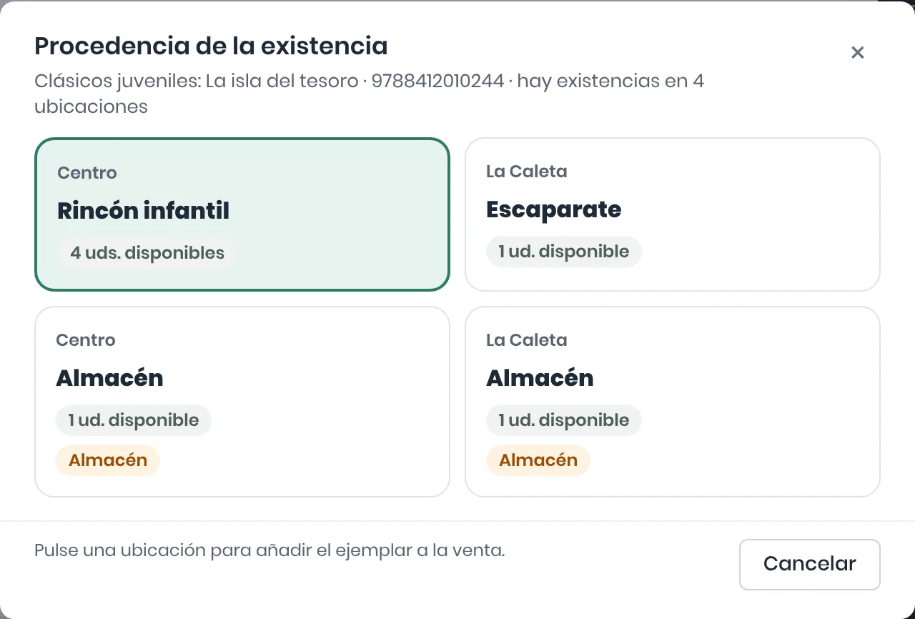Diálogo Procedencia de la existencia del TPV: el mismo título disponible en cuatro ubicaciones de dos tiendas, Rincón infantil y almacén de Centro, escaparate y almacén de La Caleta, con la primera ya elegida y las de almacén señaladas