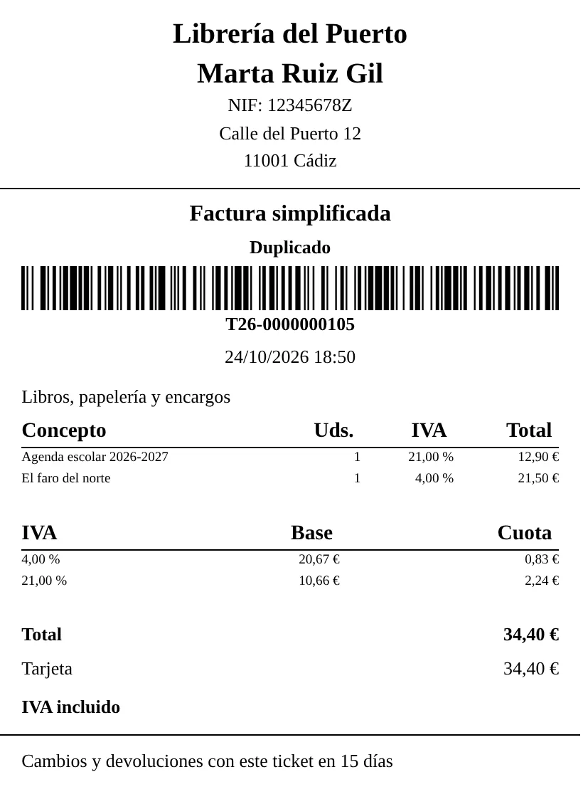 Ticket impreso de la venta T26-0000000105: nombre, NIF y dirección de la librería, marca Duplicado, código de barras con el número, mensaje de cabecera, dos líneas, IVA desglosado al 4 % y al 21 %, total de 34,40 € pagado con tarjeta y el mensaje de pie